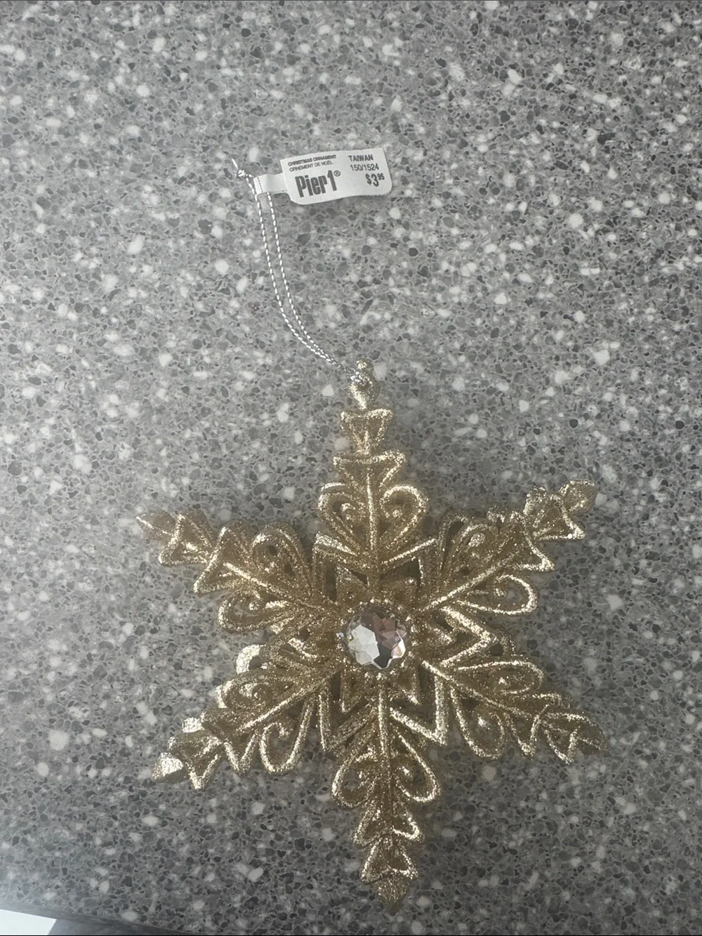 Pier 1 Gold Glitter Snowflake Holiday Ornament with Gem Center